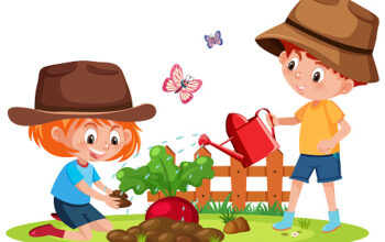 Scene with two kids planting vegetable in the garden illustration